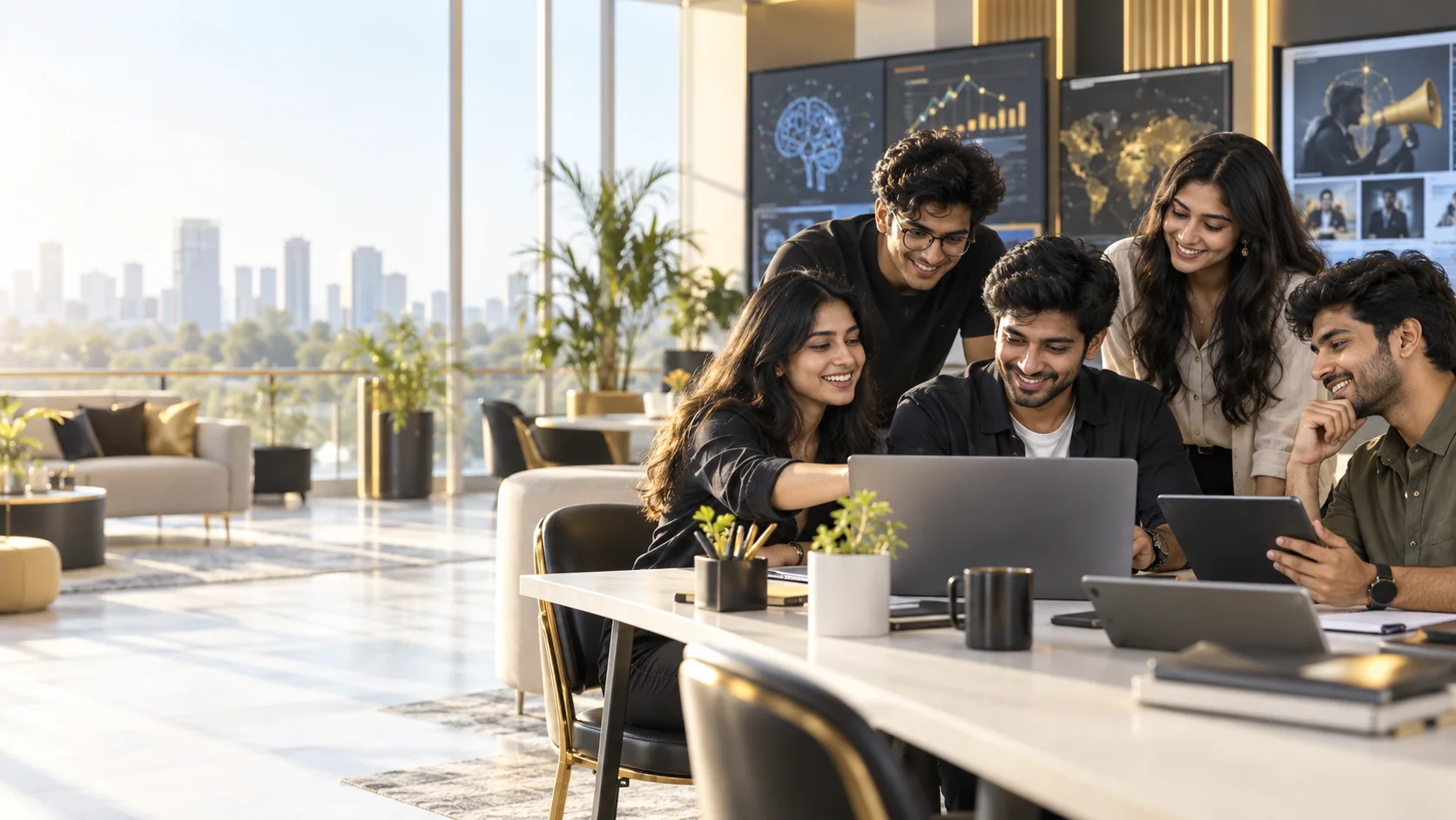 Professionals learning together around a laptop